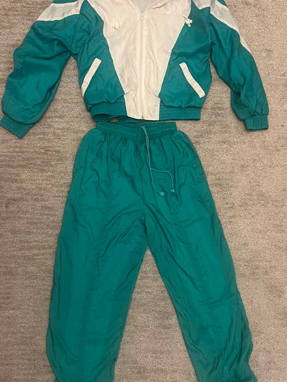 Vintage Rare 80’s Total Impact Teal and White Women's Windbreaker Jogger Set